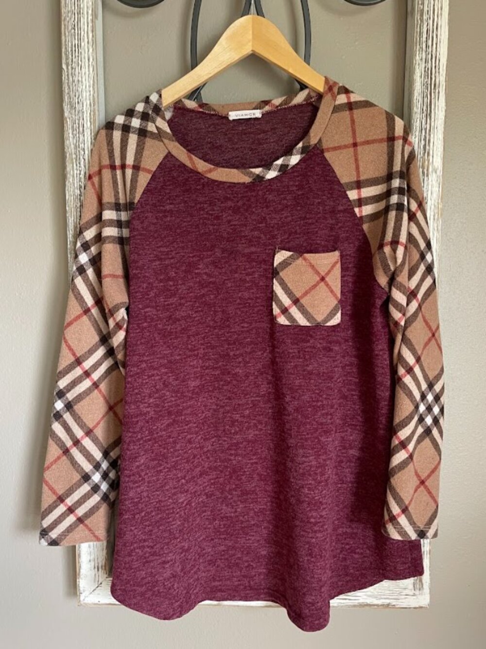 Viamor Plaid Raglan Top Burgundy Colorblock Pocket Sweater Fall Small